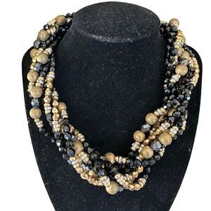 Vintage Diva Multi Strand Beaded Statement Necklace Black and Gold Bold Costume